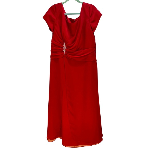 Bonny‎ Red Dress Formal Midi Short Sleeve Ruched Mother of Bride Wedding Size 22 - Picture 1 of 8
